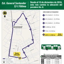 servicio alimentador 12-1 Estación Intermedia General Santander-Fátima cambiará la ubicación del paradero número 6 que quedará en la carrera 54 con calle 50 A sur