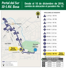 rutas alimentadoras 10-1 Av. Bosa, que modificará su parada número 12 la cual estará ubicada la calle 59 sur con carrera 77 K