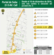 ruta 11-5 Avenida Cali, que tendrá una modificación en su parada número 5 en la carrera 102A con calle 129C